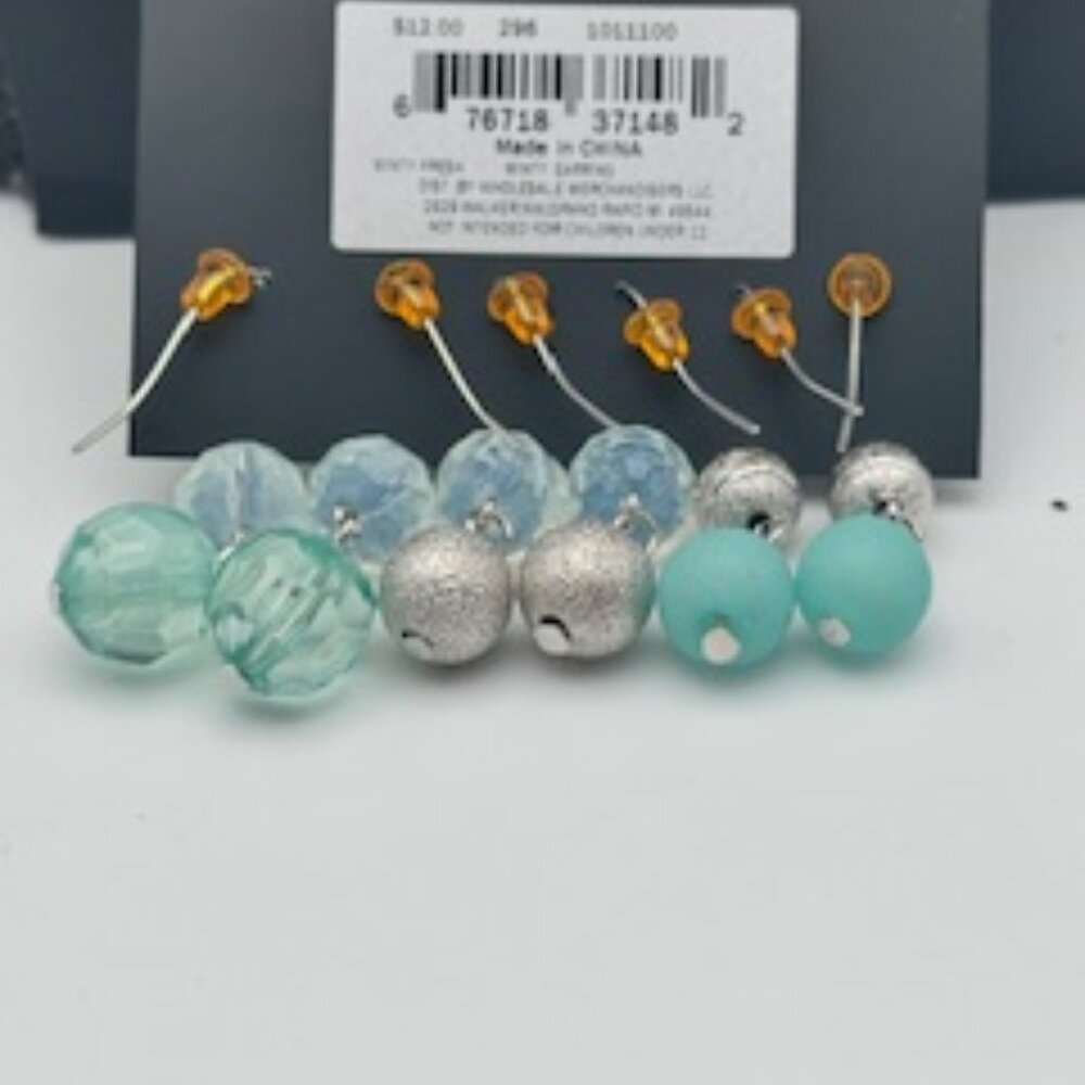 Massini Silver Toned Fishhook Dangle Earrings - Set of 3 - Silver/Turquoise/Blue - Picture 3 of 4